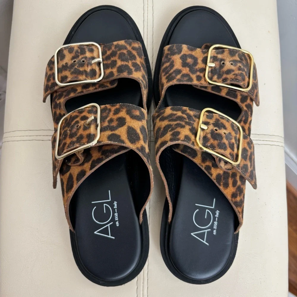AGL Attilio Giusti Leombruni Brown/ Black Leopard Print Sandals Size 9.5
